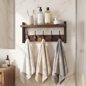 Wall Hooks with Shelf, 17 Inch Entryway Wood Coat Hooks for Wall with Shelf, Coat Rack Wall Mount with 5 Dual Hooks Organizer and Key Rack Holder