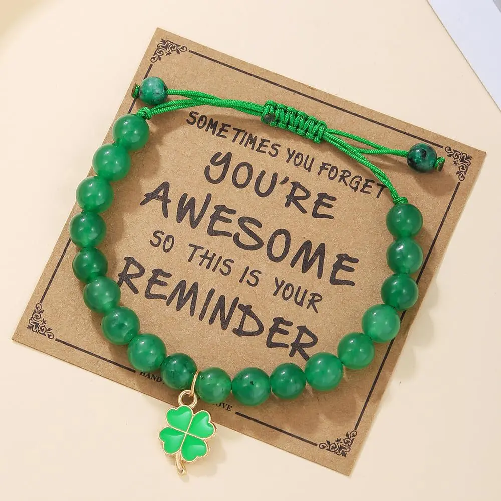 Women's Adjustable Sliding Knot Green Agate Beaded Bracelet with 4-Leaf Clover Charm, Lucky Charms Bracelet for St. Patrick's Day, Easy-to-Wear Female Costume Jewelry Gift for Friends