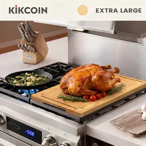 [Mom's Pick]Extra Large Kikcoin Bamboo Cutting Board with Handle,Stovetop Cover,Juice Groove,Wooden Chopping Board,Serving Tray,Cutting Board Table Kitchen Knives Kitchenware Oil