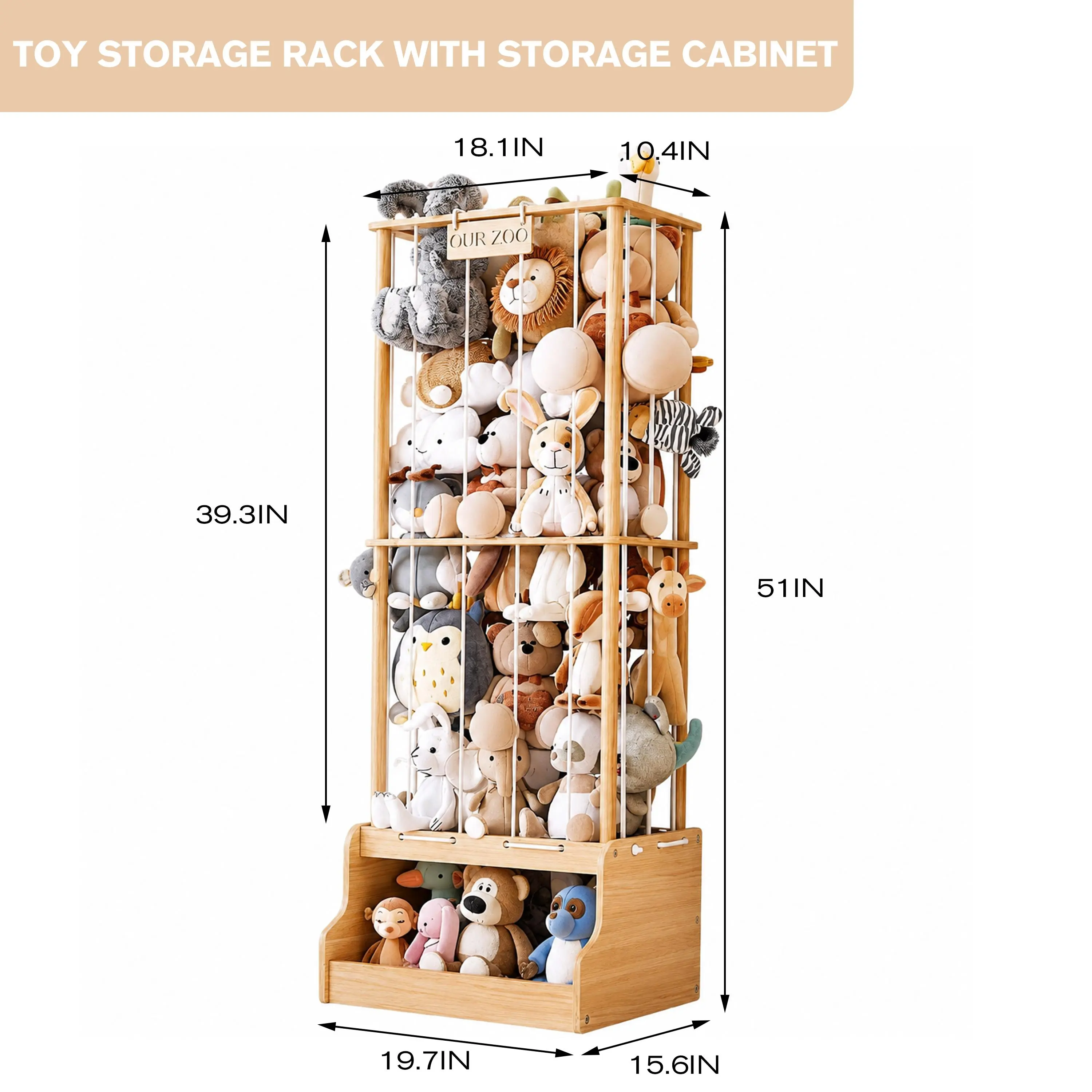 【US-based sellers】plush storage rack. Smooth wood with soft rounded edges. Grid frame displays all plush toys, bottom cabinet holds tiny play bits. Slim vertical design saves floor room, solid structure, super easy to assemble for messy playroom tidying