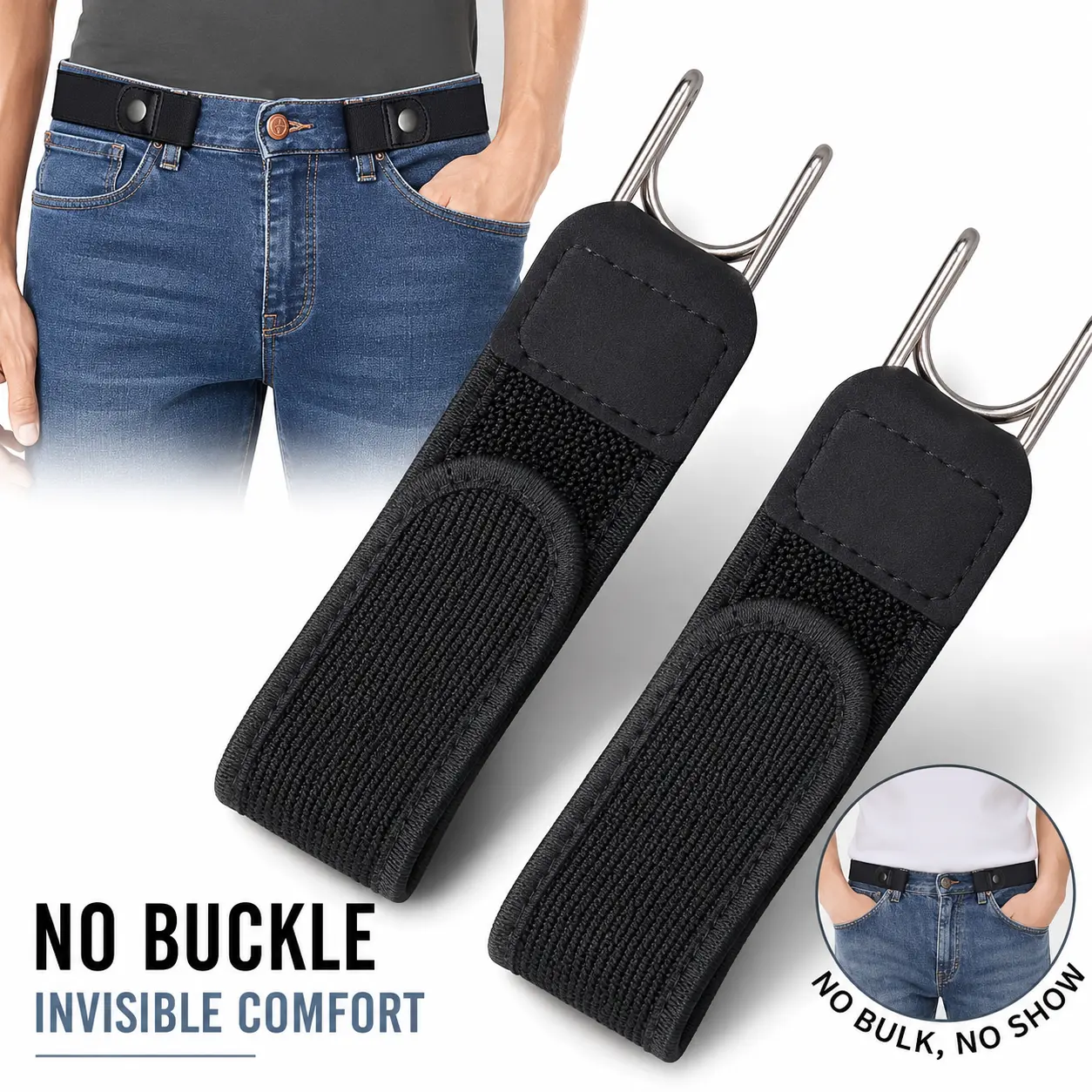 Buckle-Free Elastic Belt for Women & Men - Invisible Stretch Waist Belt with Metal Hook, Adjustable Lightweight Nylon Belt for Jeans & Pants