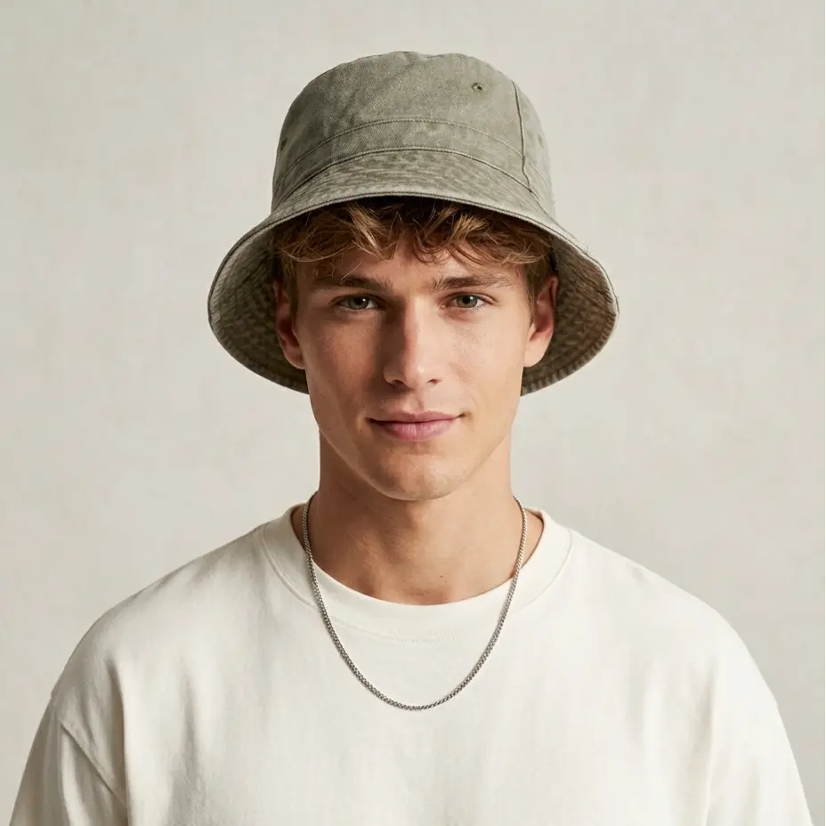 GUANHUA Washed Cloud Grey Bucket Hat, Vintage Distressed Cotton Denim Wide Brim Sun Hat with Breathable Eyelets, Unisex Y2K Streetwear Cap