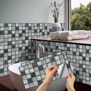 6/12/24/48 PCS Vintage FG Tile Stickers, Black & White Checkered Mosaic, PVC Crystal Film, Peel & Stick Backsplash, Waterproof Oil-Proof DIY Self-Adhesive Wall Decor