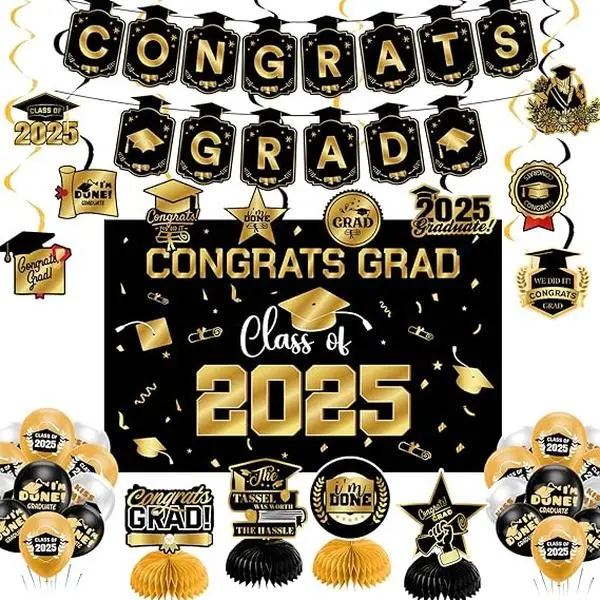Graduation Decorations 2025 Gold Themed Set, Congrats Grad Banner, Class of 2025 Backdrop, Balloons & Streamers Kit - Complete Party Supplies for High School College Celebrations