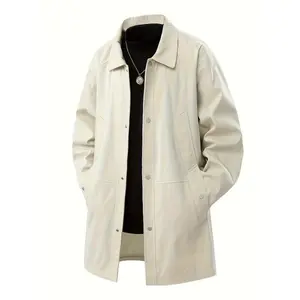 Men’s casual long windbreaker jacket with a cardigan collar — loose fit, button-up design, pockets, polyester fabric, beige color; perfect for spring and fall; ideal as a spring jacket.