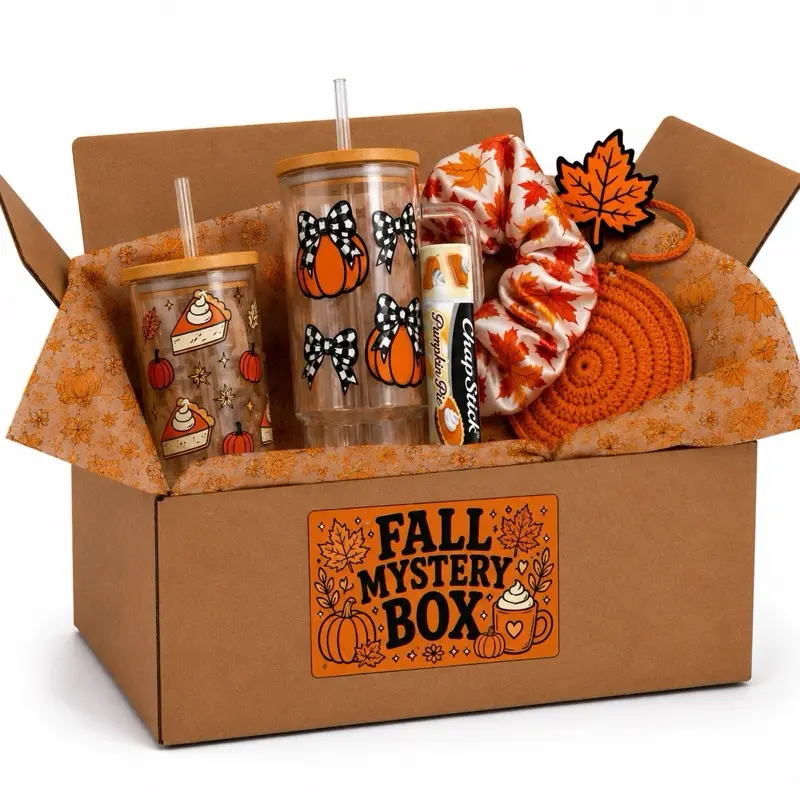 Fall Autumn Mystery Box - Kitchen Drinkware Set with 40 oz Tumbler, 16 oz Libby Glass Can, Bamboo Coffee Glass, Reusable Mug, Coaster, Straw - Ideal for Fall Gifts