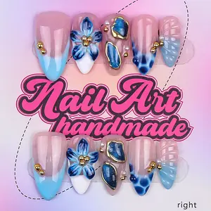 Delicatething Y2K Style Almond Shape Handmade Nail Art, Almond Shape Nails, 4 Sizes XS-S-M-L, Blue Ombre, Hand Carved, French Design, Perfect for Parties, Includes Jelly Glue, Crystal Stick, File