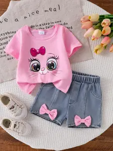 Baby Girl Cute Casual 2-Piece Set, Summer Cartoon Cat Round Neck Short Sleeve T-Shirt and Bowknot Denim Shorts, Soft & Comfortable