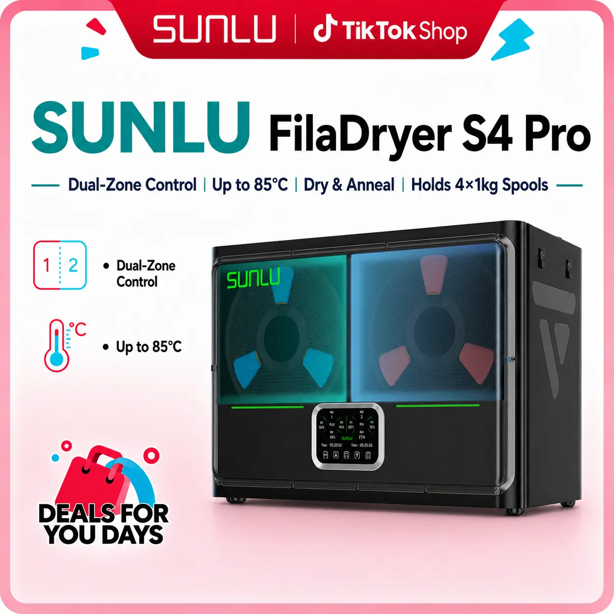 SUNLU FilaDryer S4 Pro, Dual-Zone Filament Dryer with Independent Temperature & Time Control, 85℃ Max Temperature, Drying & Annealing 2-in-1, Fits 4 × 1kg Filament Spools