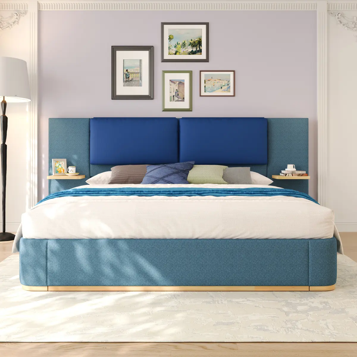 King Size Modern PU Leather Upholstered Panel Platform Bed Frame - 84.06 x 112.00 x 47.24 in, Anti-Collision Soft Rounded Corners, Comfortable and Quiet, Stable, No Box Spring Needed, Assembly Required, Even Distribution Of Mattress Weight