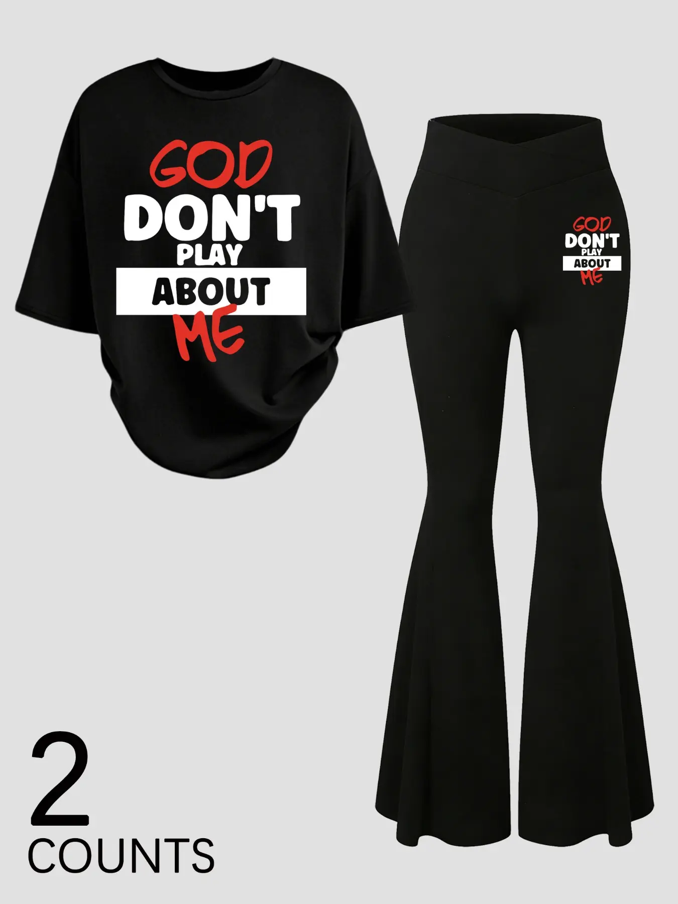 Women's Casual Everyday 2-Piece Outfit: Oversized Graphic Tee & High-Waisted Flared Pants, Bold "God Don't Play About Me" Design, Soft Fabric, Ideal for Streetwear & Hangouts (Young Women/girl )
