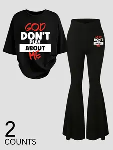 Women's Casual 2-Piece Outfit: Oversized Short Sleeves Graphic Tee & High-Waisted Flared Pants, Bold Statement "God Don't Play About Me" Aesthetic Design, Soft Fabric, Ideal for Streetwear & Hangouts (Young Women/girl )