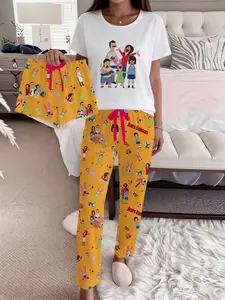Bob's Burgers Three-Piece Sleepwear Set for Women, Loungewear, Pajamas Set, Short Sleeve Top & Long Shorts, Comfortable Home Wear Suit