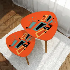 Mid Century Modern Nesting Tables, Orange, Atomic Kitschy Cat, Retro Triangle Coffee Table Set