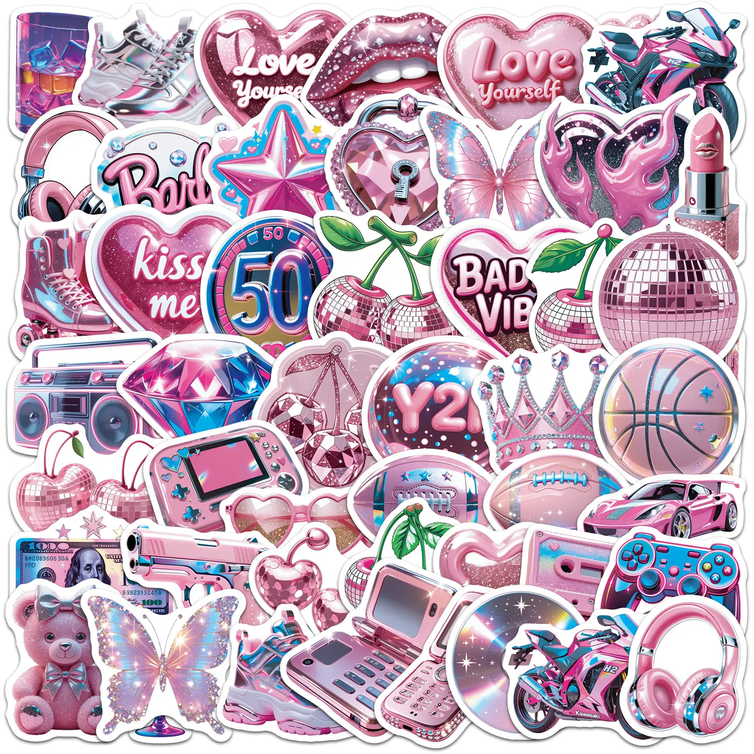 50pcs Y2K Pink Princess Graffiti Stickers, Office Stickers, Notebook Stickers, High-value Positive Energy Gifts for Decorating Journals, Scrapbooks, Computers, Water Bottles, Cars, Etc.