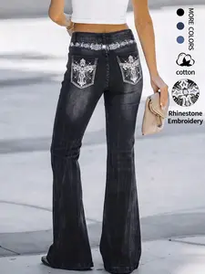 Women's Vintage Western Style Embroidered Jeans, High Waist Flared Floor-Length Pants, Rhinestone Decor, Y2K Fashion, Casual All-Season Wear