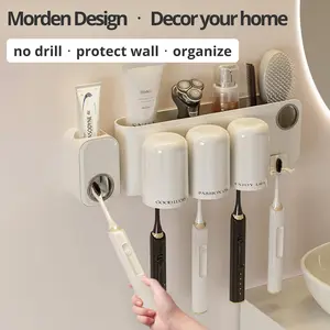 1Set Cream No-Drill Wall Toothbrush Holder with Automatic Toothpaste Dispenser, 2/3 Person Bathroom Organizer Set, Large Tray Strong Adhesive Damage-Free, Waterproof Easy Clean, for Home Bathroom Countertop Organization