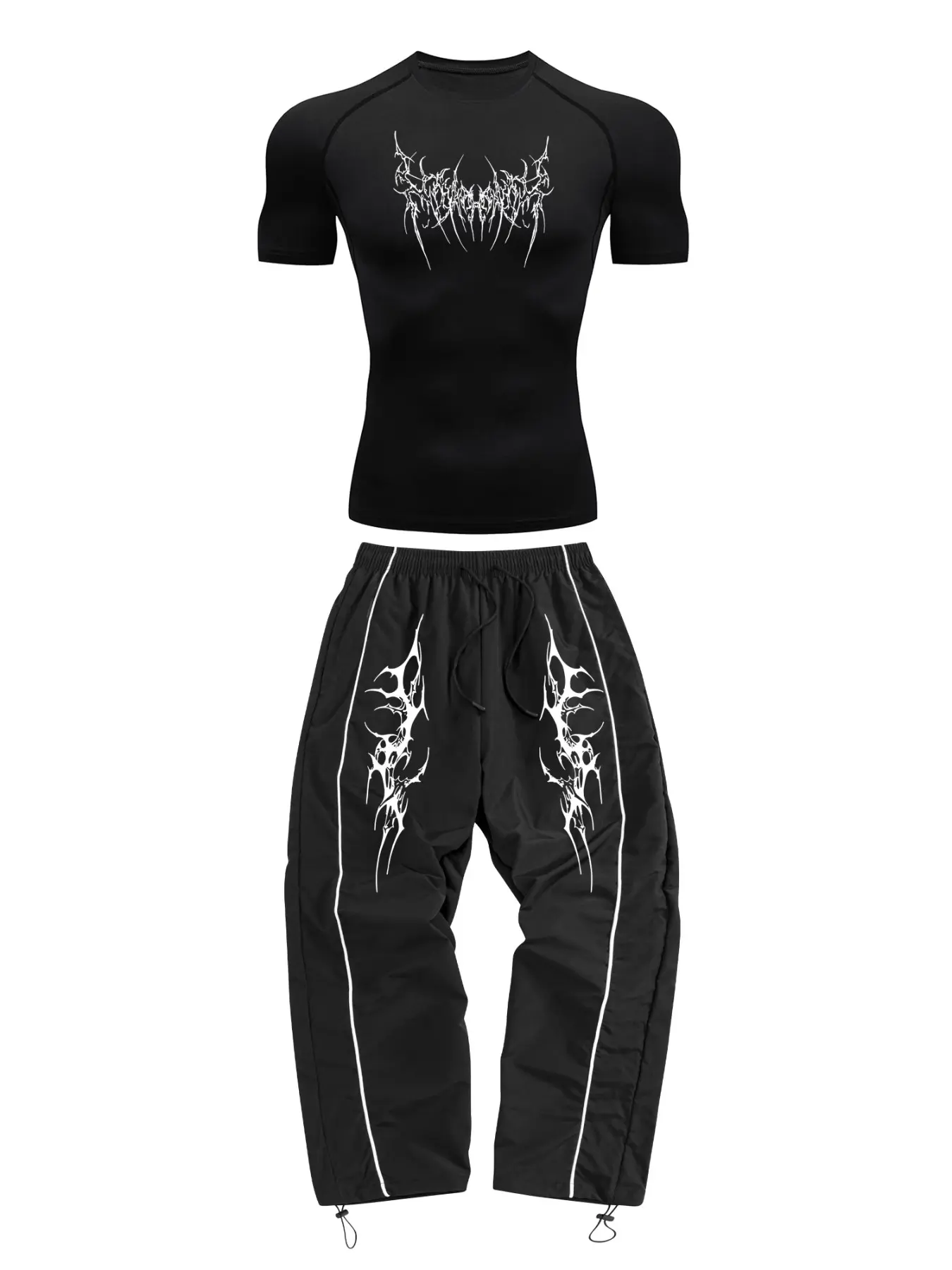 Men's Y2K Gothic Tribal Print 2-Piece Tracksuit, Compression Top & Drawstring Track Pants, Streetwear Athletic Outfit, Casual Sports Style, Sportswear Set