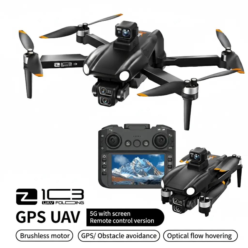 2026 GPS brushless HD camera drone with a 4.5-inch screen remote controller, four-way obstacle avoidance, ESC adjustable camera, GPS return-to-home, 360° rolls, and three batteries for up to 45 minutes of flight—ideal for aerial photography and gifting