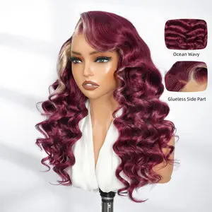 AliPearl Wigs Side Part  Burgundy Red with Blonde Highlight 99J/613 Color Body Wave 13x4 Lace Frontal Wig Pre Cut Pre Plucked Glueless Wig Ocean Wavy Human Hair