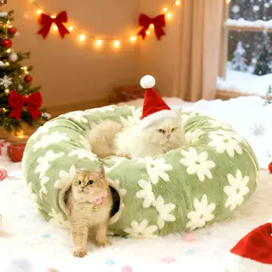 Christmas Cat Tunnel Bed for Indoor Cats - Warm&Cozy Cute Cat Donut Tunnel with Washable Circle Cushion, Under Christmas Tree, Round Pet Play Tunnel Toy for Kitten/Puppy/Rabbit, Peekaboo Cave Toy, Cool Cat Stuff, Perfect for Autumn & Winter Calming