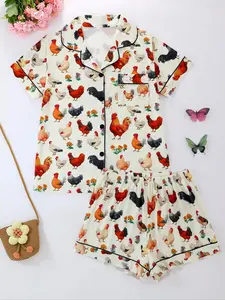 Women's Casual Pajama Set, Lapel Button Short Sleeve Top & Elastic Waist Shorts, Cartoon Chicken Print, All Seasons Wear