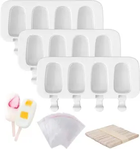 3PCS Popsicle Molds Set, 4 Cavities Silicone Popsicle Molds & Ice Cake Pop Mold Maker Oval with 100 Wooden Sticks & 100 Self-adhesive Bags for DIY Cake and Ice Cream