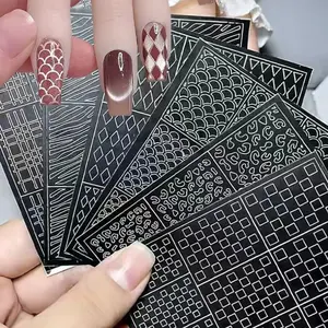 Nail Hollowing Sticker Set, 7 Counts/set Nail Pattern Hollowing Template with Tweezers, Line Grid Leopard Design, Make Nail/Salon Easier, Nail Art Sheet, Nail Art Tool, Nail Art Accessories, Nail Art Supplies