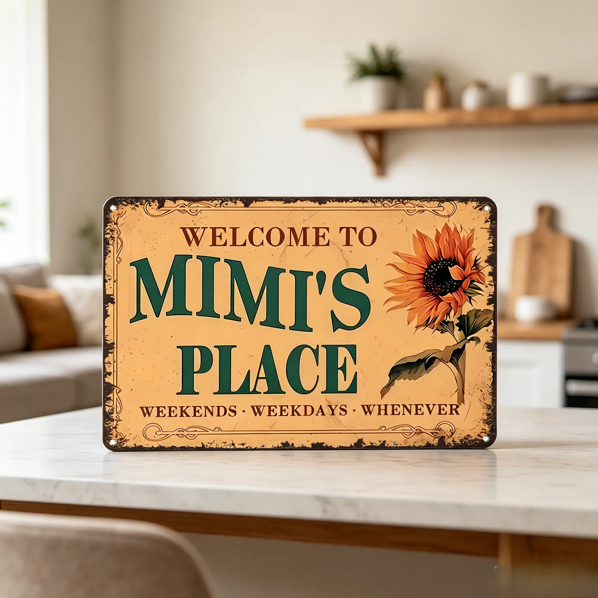 Mimi's Place 8x12 in Vintage Aluminum-Based Home Sign, 1-Piece Rectangle Plaque with Welcome Message, Rustic Flower Wall Decor, High-Quality Metal Bar Accent, Western Home Decor Gift Idea, Gift Ideas Wooden Home Sign