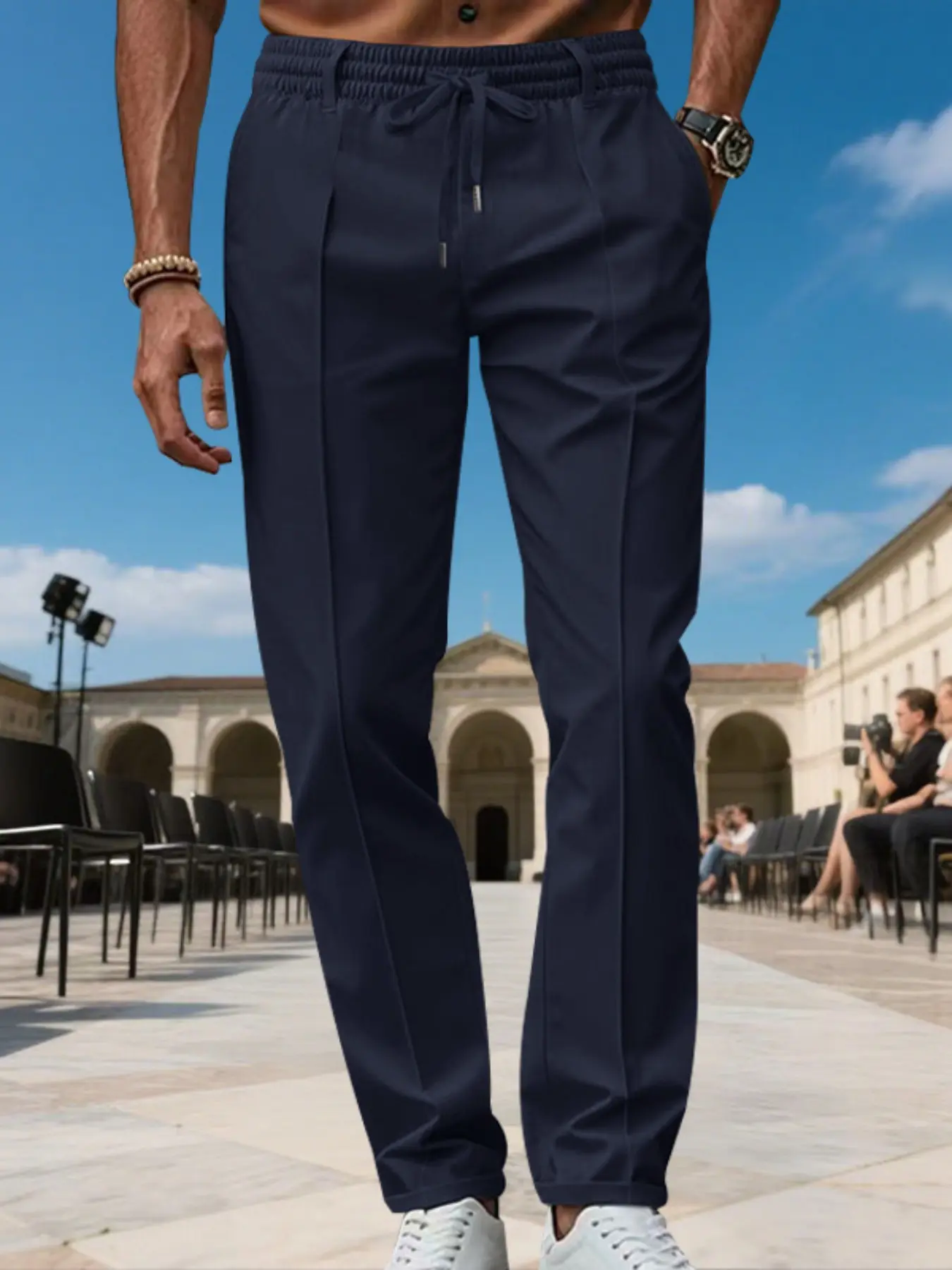 Men's Solid Color Casual Dress Pants, Classic Lightweight Wrinkle-Resistant Chino Trousers with Elastic Drawstring Waist and Pleated Straight Leg for Business Casual, Office, Career Wear and Daily Wear