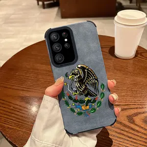 Mexican Golden Eagle Badge Flag Design Full-coverage premium leather Phone Case for Samsung Galaxy S25 S24 S23 S22  A71 A56 A55 A54 A53 A52 iPhone 17Pro Max Air 16 15Plus 14 13 12 11 XR XS Shockproof and drop-proof military-grade protective case.