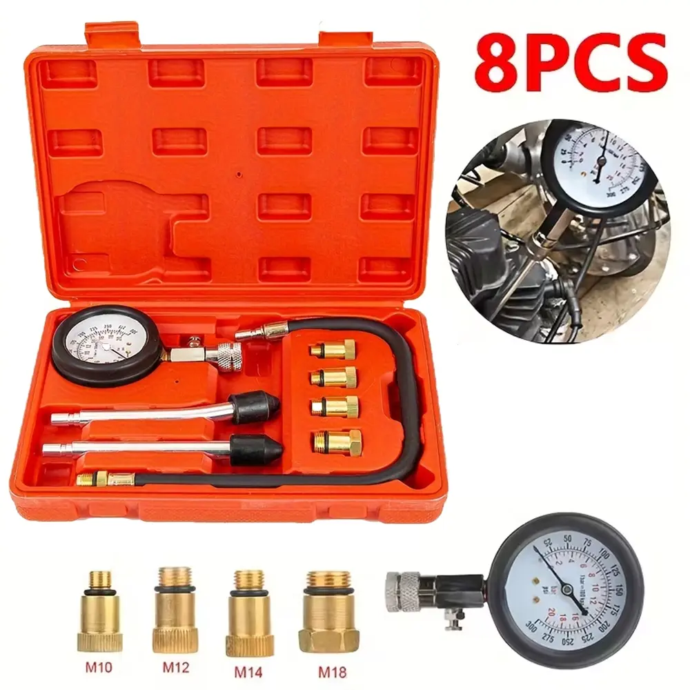 Set of 8 Car Cylinder Pressure Test Tools with Organized Storage Box, Includes M10 M12 M14 M18 Adapters, Versatile Engine Compression Testing for Cars Motorcycles Boats, Automotive Repair