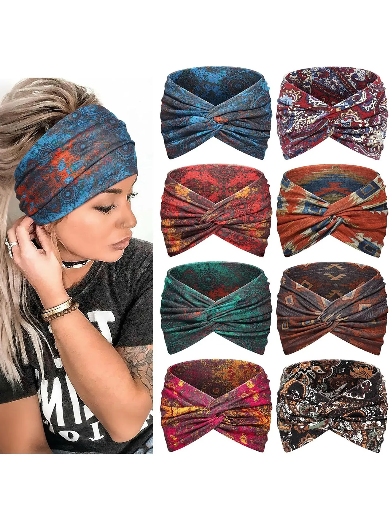 8pcs Bohemian ethnic style women's printed sports headband, high elasticity anti slip yoga fitness running, sweat absorbing headband, women's pleated headband, Non Slip Headband, Sport Headbands, Workout Headbands