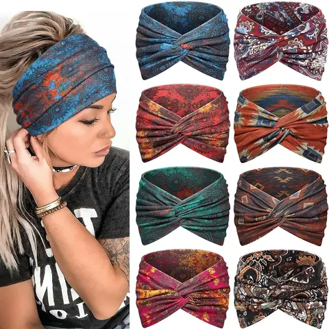 8pcs Bohemian ethnic style women's printed sports headband, fashionable high elasticity anti slip yoga fitness running, sweat absorbing headband, women's pleated headband, retro ethnic style elastic headband, Workout headband