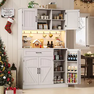 ONBRILL 71" Pantry Cabinet with LED Light & Outlet, Kitchen Hutch with Microwave Shelf & 6 Hooks, Door Shelves & Drawer, Adjustable Shelves for Dining Room
