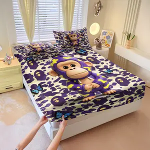 Vivid Purple Camo Fitted Sheet Set,Iconic Ape Face Printed Bed Sheet Set,Includes 1 Fitted Sheet and 2 Pillowcases,Cute Monkey Accent & Dainty Blue Butterflies,Deep Pocket Design Fits Most Mattresses,for Chic Home & Dorm Styling,Bedsheet Sets