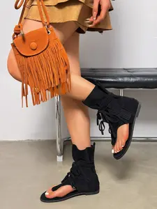 Women's Ankle Boots with Unique Fringe Design, Cowboy Cowgirl Boots, Western Ankle Boots, Casual Ankle Boots, Available in Sizes 36-43, Round Toe Flat Heel, Lace-Up Style, Comfortable Booties