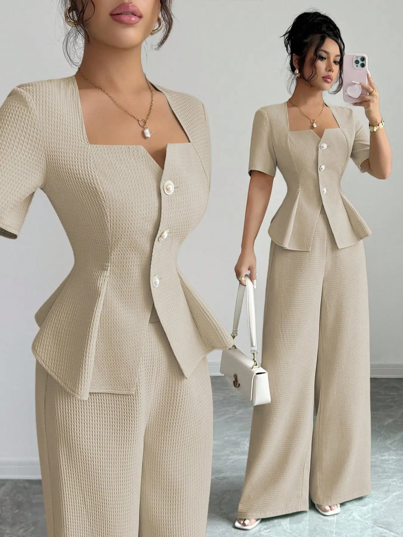 New French Chic Fashion for Women, Summer Spring Slimming Fit Design, A-Line Square Neck Shirt + Wide Leg Straight Pants Trouser Set Suits Clothes