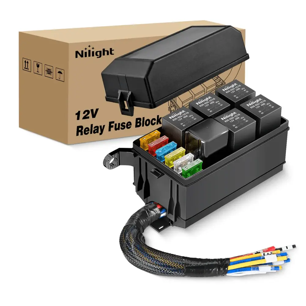 Nilight 12V Waterproof Dustproof Secure Mountable Fuse Relay Box, Car Boat Accessories - 6-Slot Kit with 4Pin/5Pin Relays, ATC/ATO Blade Holders, 40A Pre-Wired Block, Mounting Bracket - Universal for Cars, 40A Relay Power
