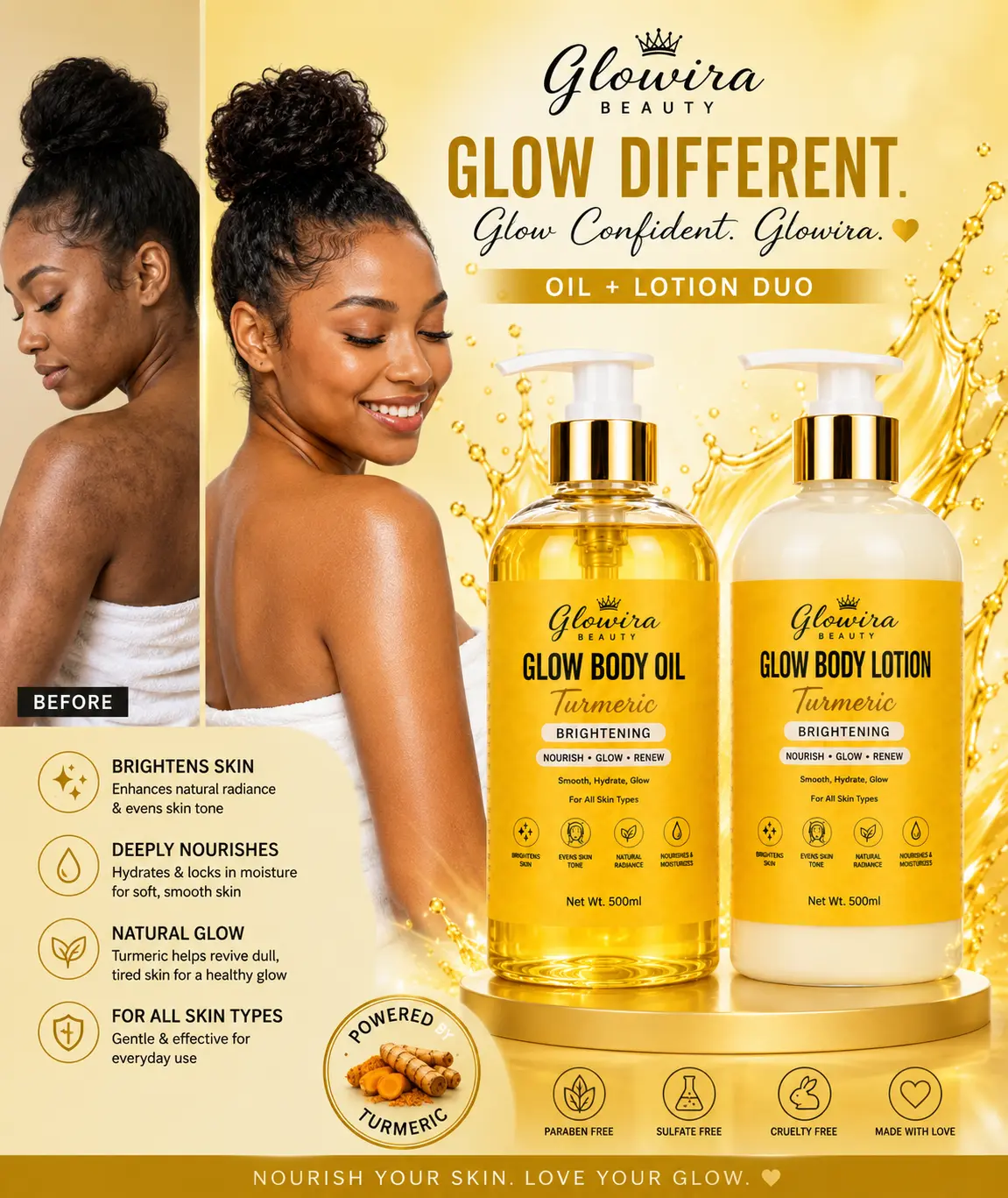 Glowira 2-Piece Glow Set, Beauty & Personal Care Bath Body Massage Oil Kit