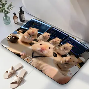 1PC,2D Cute Hamster Team Selfie Bath Mat Fun Cartoon Animal Office Scene Non-Slip Bathroom Mat Super Absorbent Quick-Drying Floor Mat Home Bathroom Entrance Rug Bedroom Kitchen Water Absorbent
