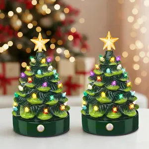 7" H Resin Tree Rechargeable LED Lighted Small Christmas Tree Decoration Nightlight, Home Decor Christmas Ornaments with Colorful Lights, Multicolored Bulbs & 2 Star Toppers for Tabletop