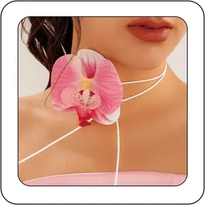 Boho Large Orchid Flower Choker Necklace Artificial Phalaenopsis Butterfly Orchid Floral Long Wrap Rope  Necklace Hawaiian Beach Party  Accessory for Women