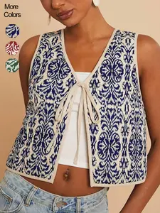 Women's Ethnic Pattern Tie Front Vest, Casual Sleeveless Outerwear, Boho Sleeveless Outerwear for Beach Vacation Holiday, Ladies Clothes for All Seasons