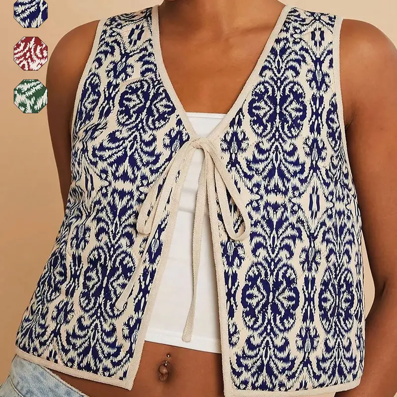 Women's Ethnic Pattern Tie Front Vest, Casual Sleeveless Outerwear, Boho Sleeveless Outerwear for Beach Vacation Holiday, Ladies Clothes for All Seasons, Sleeveless Vests