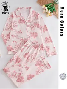 【Plus Size】 Two-Piece Set Landscape Ink Painting Print Shirt & Pants Pajama, Casual Comfy Long Sleeve Lapel Neck Button Front Pocket Top & Elastic Waist Trousers Pj Set, Women's Sleepwear for All Seasons