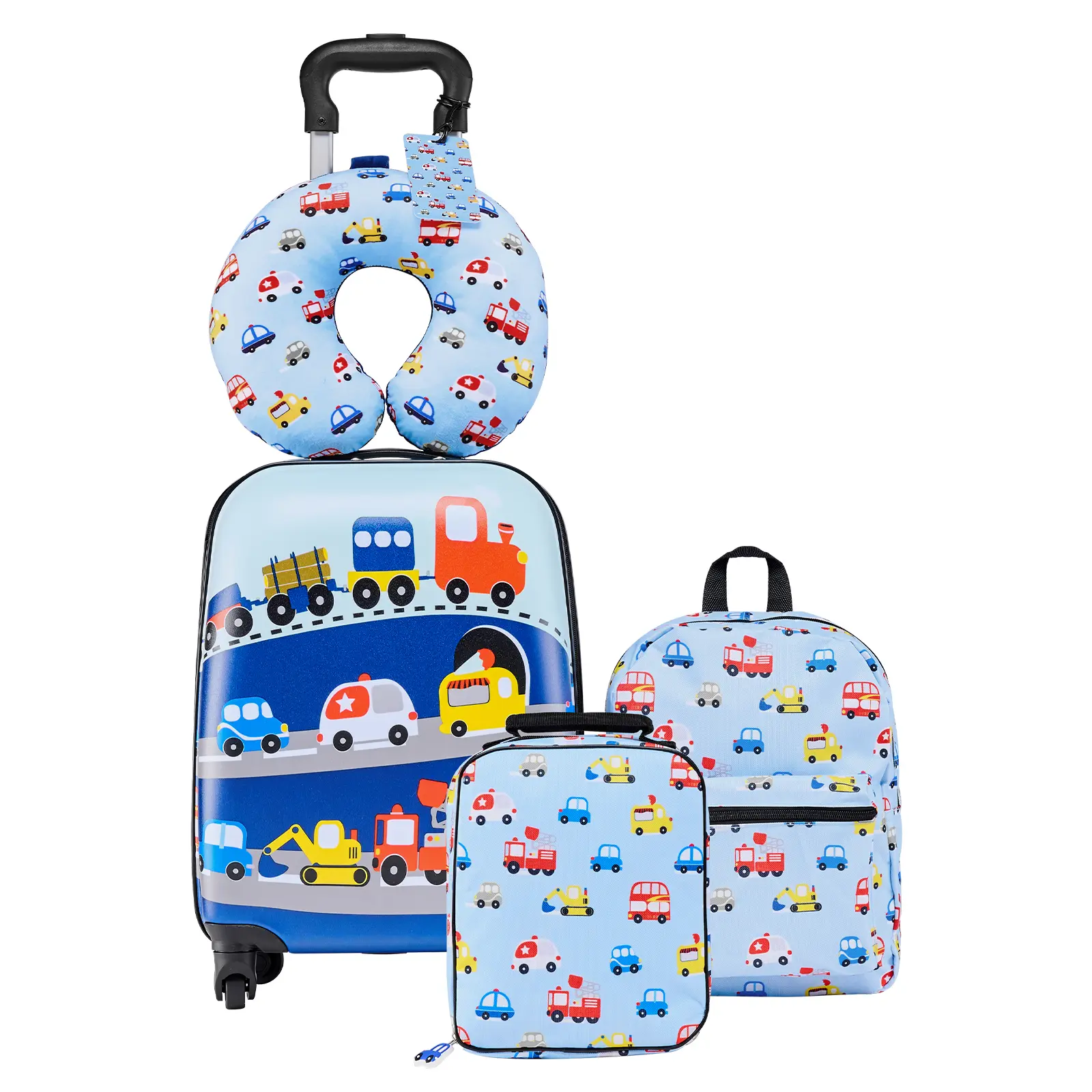 VEVOR Kids' 5-Piece Graphic Luggage Set - 18in Hardside Rolling Suitcase, Synthetic School Backpack, U-Shape Pillow, Truck Design, ABS/PC/Polyester, Grows with Age, Airline-Approved Carry-On, Lunch Bag Onboard [SummerFinds], Children, Spinner Wheels, Inte