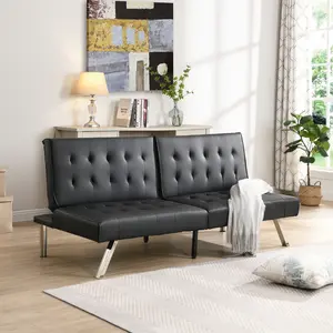 Multi-Use 2-Seat Futon Sofa Bed - Arch Wood Frame, Stainless Steel Legs, Black PVC, Reclining Back, Quick Setup Single Bed