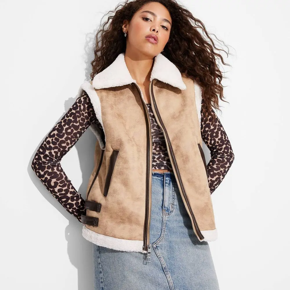 Wild Fable Women's Faux Shearling Vest Sleeveless Jacket Sueded Finish Wild Fable Women's Faux Shearling Vest Sleeveless Jacket Sueded Finish