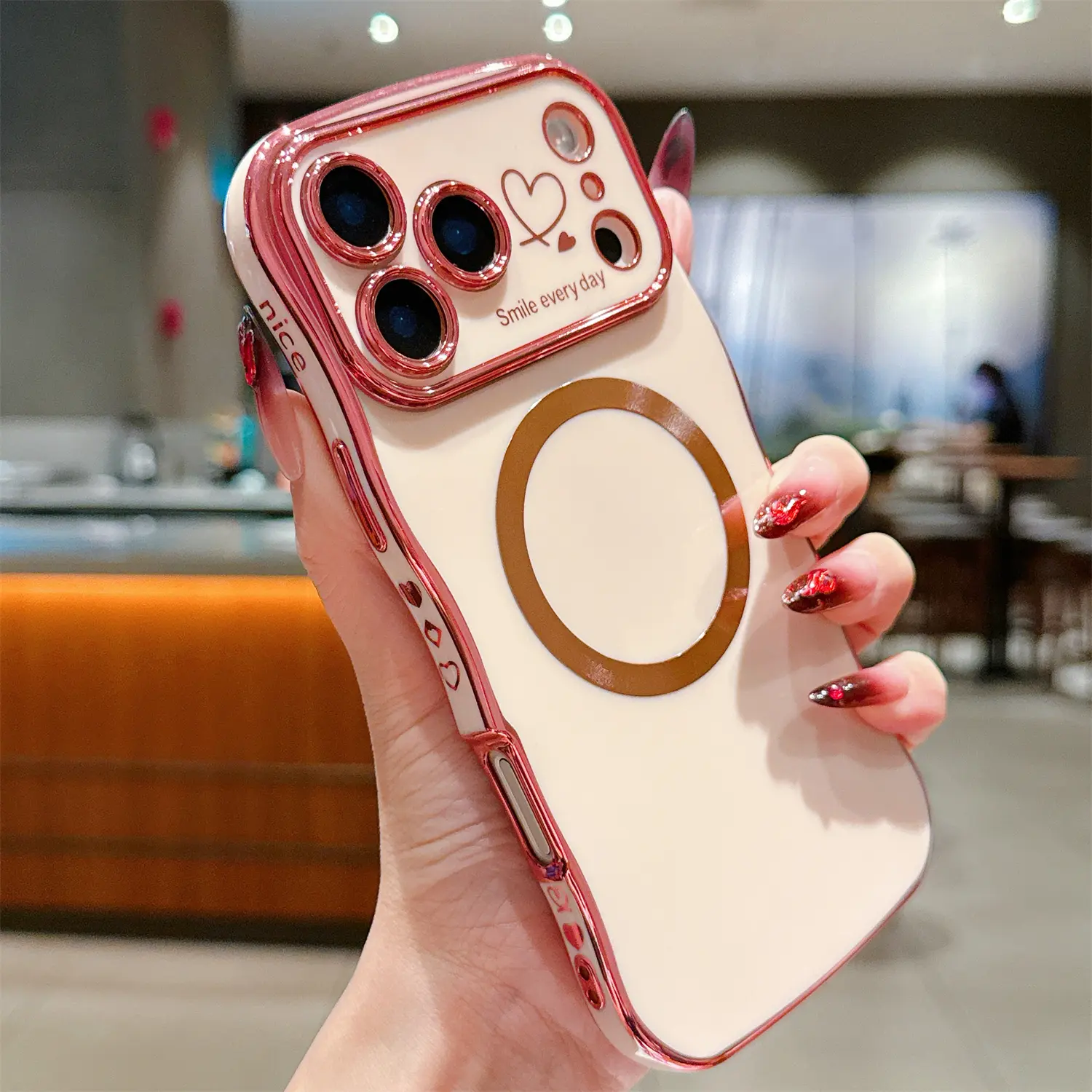 Magnetic MagSafe-Compatible Cellphone Casing for iPhone 17 Pro Max,16,15,14,12 - Women’s Soft Cute Wave Frame Curly Shape Love Heart Luxury Plating Smartphone Protection Accessories Shockproof Back Cover, Handheld, Devices